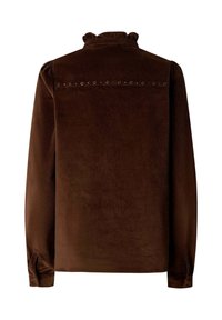 Ruda šviesių kordų marškiniai su ilgomis rankovėmis, raukšlėta apykakle ir dekoratyvinėmis kniedėmis nugaroje. Minkšta tekstūra ir laisvas pasFitavimas.