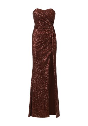 Strapless, langwerpige jurk in donker bordeaux met sequins en een hoge split, met een gerimpeld ontwerp bij de taille.