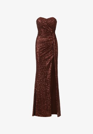 Strapless, langwerpige jurk in donker bordeaux met sequins en een hoge split, met een gerimpeld ontwerp bij de taille.