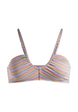 Bikini top s tenkými popruhmi, s cik-cak vzorom v pastelových farbách ružovej, zelenej a modrej, vyrobený z elastického materiálu.