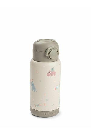 Barnets beige isolerede vandflaske med gråt låg, dekoreret med pastel dyre- og festhat-illustrationer.