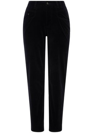 Black corduroy trousers featuring a straight cut, two front pockets, and a buttoned waistband. The fabric has a soft, textured finish.