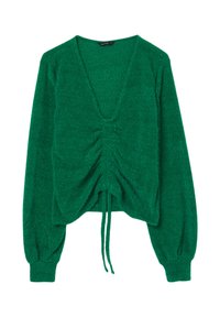 Pullover verde, con texture, scollatura a V, dettagli arricciati frontali e lacci per regolazione. Maniche lunghe e aderenti con polsini a costine.