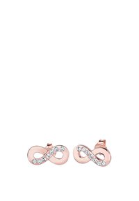 Boucles d'oreilles clous en or rose infini avec des accents de pierres précieuses transparentes le long de la courbe. Surface lisse et design poli.
