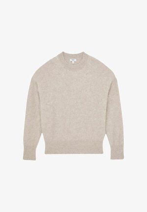 Beżowy sweter wykonany z miękkiego, puszystego materiału. Ma okrągły dekolt i długie rękawy, z prążkowanymi mankietami i dołem.