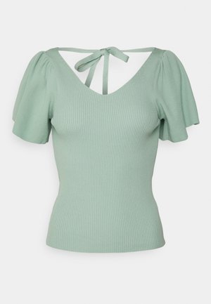 Lichtgroen geribbeld gebreid shirt met korte pofmouwen, V-hals en strikdetail aan de achterkant van de hals.