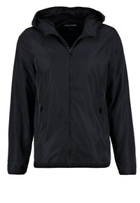 Svart lättviktsjacka med huva, framdragkedja, två sidofickor, elastiska ärmslut och en jämn ripstop-fabricstruktur.