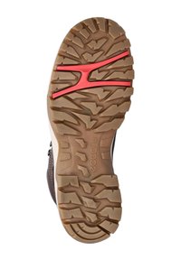 Suola di scarpa da trekking in gomma marrone con profili multidirezionali profondi e una striscia di supporto rossa "Receptor Technology" al centro.