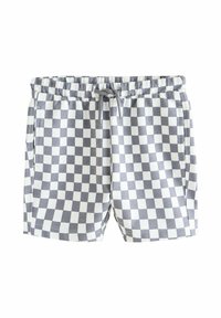 Shorts à carreaux avec un motif gris et blanc, taille élastique avec cordon de serrage, et poches latérales pour plus de fonctionnalité.