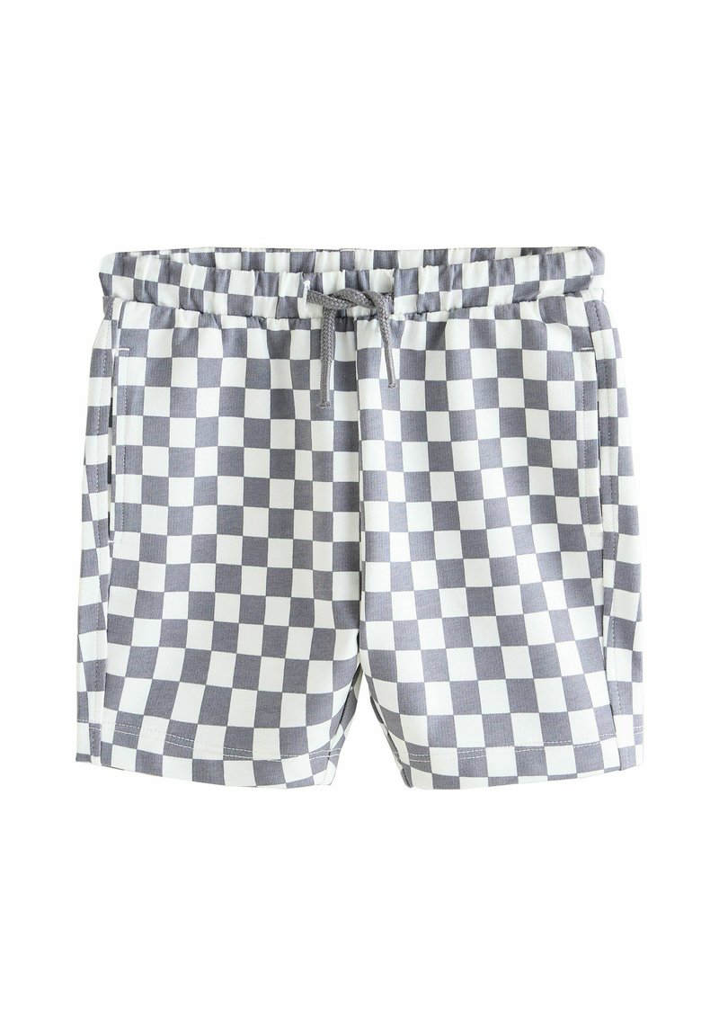 Shorts à carreaux avec un motif gris et blanc, taille élastique avec cordon de serrage, et poches latérales pour plus de fonctionnalité.