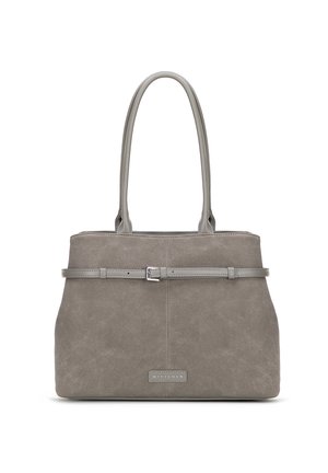 Borsa tote in suede grigio con manici lunghi, una sottile fascia con fibbia sulla parte anteriore e una piccola etichetta del marchio centrata vicino al fondo.