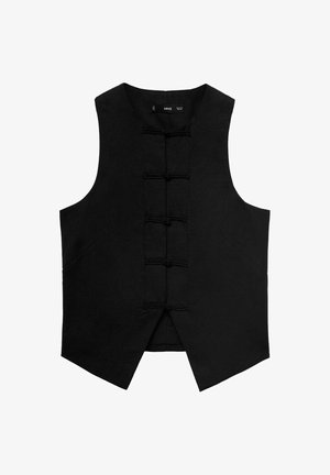 Schwarze ärmellose Weste mit rundem Ausschnitt, strukturiertem Stoff und traditionellen Knotenverschlüssen auf der Vorderseite. Verfügt über seitliche Taschen und einen tapering Saum.