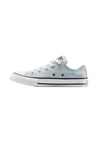 Zapatillas de lona azul claro con puntera de goma blanca, franja negra y blanca en la suela, y acentos de bordado floral en los laterales.