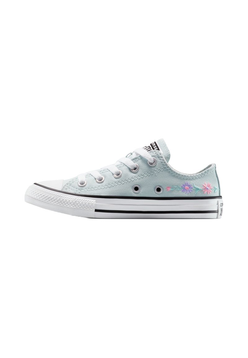 Zapatillas de lona azul claro con puntera de goma blanca, franja negra y blanca en la suela, y acentos de bordado floral en los laterales.
