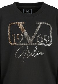 Zwarte sweatshirt met ronde hals, uitgerust met een metallic strassprint van het "V69" en "Italia" logo in zilveren en gouden accenten.