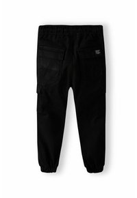 Un pantalon cargo noir avec une taille élastique, des poignets élastiques et plusieurs poches, fabriqué dans un tissu lisse et durable.