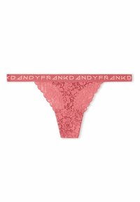 Kant string in koraalroze met scalloped randen. Logo band in bijpassende kleur. Beschikt over een ingewikkeld bloemenpatroon door het geheel.