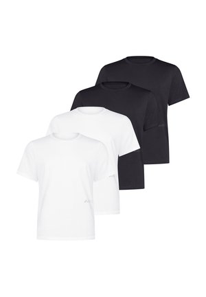 Quattro t-shirt semplici a manica corta con collo tondo, due bianche e due nere, disposte in un layout sfalsato e sovrapposto.