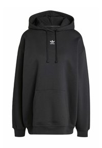 Čierna mikina s kapucňou z mäkkého materiálu, s prednou klokankou a bielym logom Adidas na hrudi. Dlhé rukávy s rebrovanými manžetami.