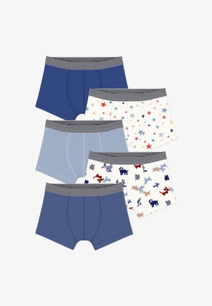Penkių bokso šortų rinkinys, kuriame yra mėlynos, dryžuotos ir raštuotos su gyvūnų piešiniais bei žvaigždėmis dizaino. Elastingas juosmens dirželis derančių spalvų.