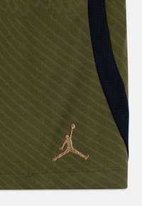 Oliivinvihreä urheilukangas, jossa on teksturoitu vinokuvio, ja sen sivussa on tummansininen paneeli sekä kultainen Jordan-logon kirjailu.