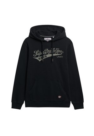 Felpa nera in misto cotone, con tasca a marsupio, cappuccio regolabile con cordino e una grafica frontale in grigio chiaro con il nome del brand.