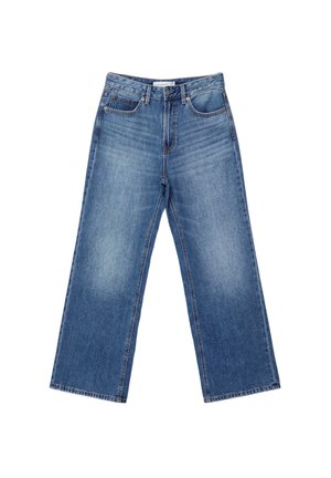 Jeans a gamba larga in denim blu chiaro con vita alta, design a cinque tasche e leggero sbiadimento sulle cosce. Presentano un bottone anteriore e una cerniera.