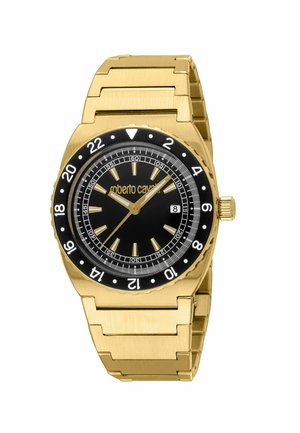 Goudkleurig metalen horloge met zwarte wijzerplaat, gouden uurmarkeringen, datumvenster op 3 uur en zwarte rand met 24-uurs markeringen.