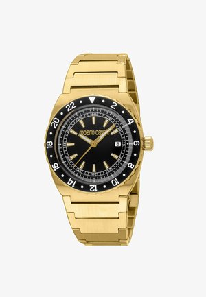 Orologio da polso in metallo color oro con quadrante nero, indici delle ore dorati, finestra della data alle 3 e lunetta nera con indicatori delle 24 ore.