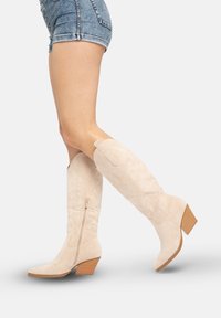 Beige Wildleder-Cowboy-Stiefel mit gesticktem Design, spitzer Zehenpartie und gestapeltem Holzabsatz; verfügt über einen seitlichen Reißverschluss für einfaches An- und Ausziehen.