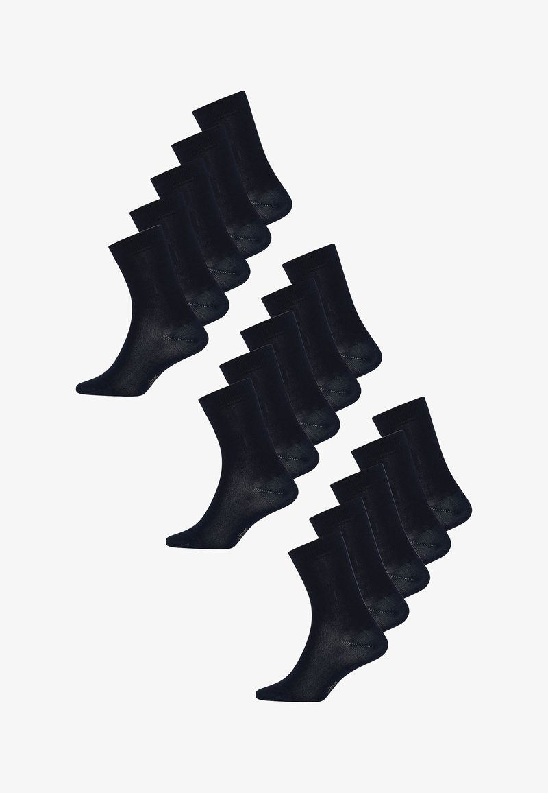 Sæt med 12 par mørkeblå sokker, midt på læggen, glat tekstur, ribbede mansjetter, forstærket tå og hæl, uden synlige mønstre.