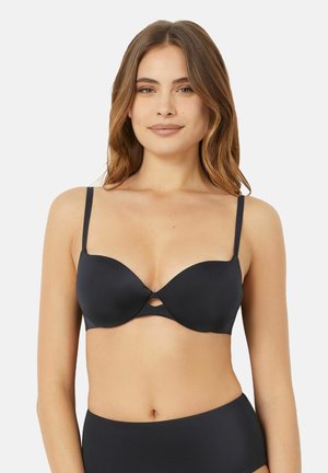 Zwarte push-up beha met gladde, gevoerde cups, verstelbare bandjes en een uitsnede tussen de cups. Zachte stof met een elegante afwerking.