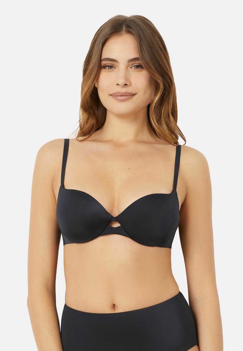 Black push-up bra with smooth, padded cups, adjustable straps, and a cut-out detail between the cups. Soft fabric with a sleek finish.