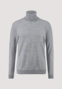 Grauer Rollkragenpullover aus weichem Strickmaterial. Hat lange Ärmel und einen gerippten Kragen, mit einem leicht strukturierten Finish.