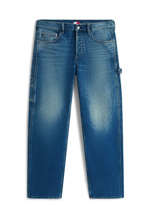 Vaqueros de mezclilla azul de corte relajado con áreas descoloridas en los muslos, cinco bolsillos incluyendo un pequeño bolsillo con logo y una anilla para herramientas en la pierna derecha.