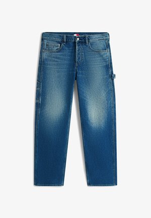Blå denimjeans med avslappet passform og falmede områder på lårene, fem lommer inkludert en liten logolomme, samt en verktøysløyfe på høyre ben.