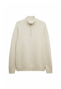 Ljust beige tröja med hög ribbad krage, fjärdedels blixtlås, långa ärmar och ribbade muddar. Tillverkad av texturerat stickat tyg.