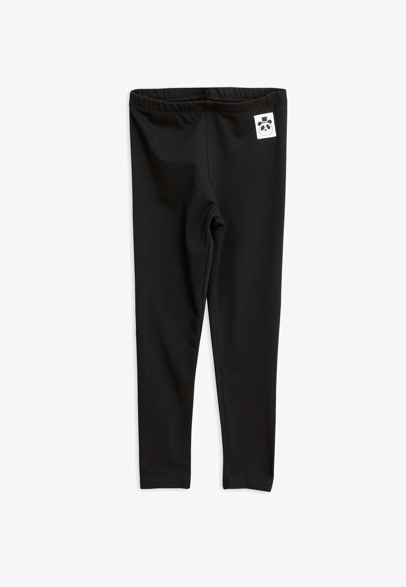Leggings pretos feitos de tecido elástico, apresentando um cós elástico e uma pequena etiqueta com o logotipo de um panda branco na lateral. Textura suave.