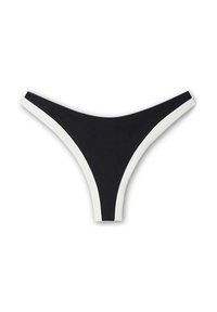 Tanga negra con acentos laterales blancos, que presenta una textura de tela suave y un diseño minimalista. Cintura ajustable para un mejor ajuste.