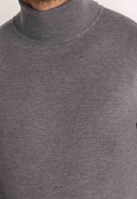 Pull à col roulé gris avec un col côtelé et une texture lisse, présentant une coupe ajustée adaptée à une tenue décontractée ou semi-formelle.