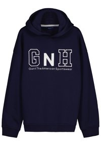 Felpa con cappuccio blu navy realizzata in cotone, dotata di tasca a marsupio. Presenta un grande logo bianco "GNH" e il testo "Gant The American Sportswear."