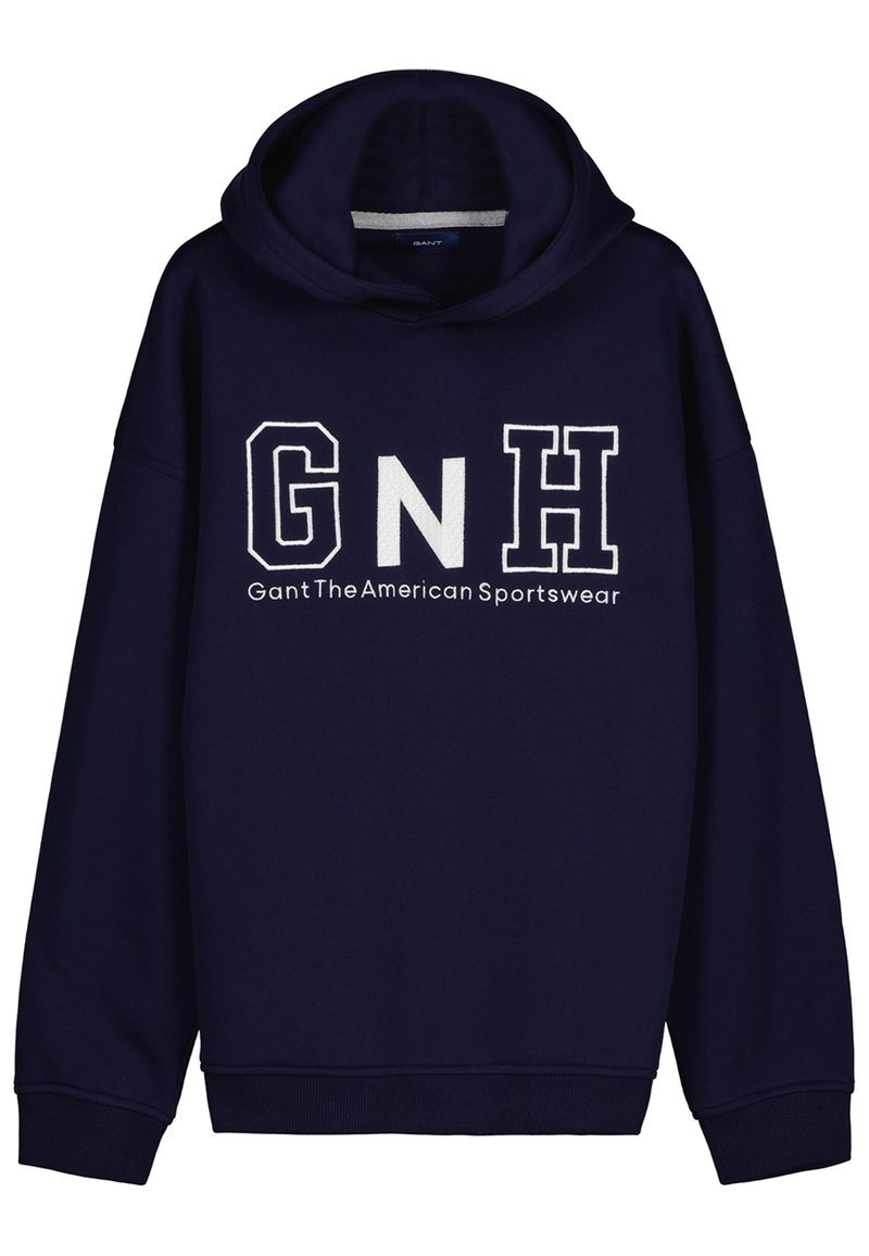 Felpa con cappuccio blu navy realizzata in cotone, dotata di tasca a marsupio. Presenta un grande logo bianco "GNH" e il testo "Gant The American Sportswear."