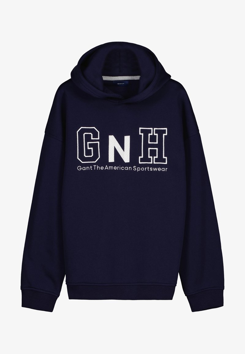 Felpa con cappuccio blu navy realizzata in cotone, dotata di tasca a marsupio. Presenta un grande logo bianco "GNH" e il testo "Gant The American Sportswear."