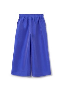 Blauwe wijde broek met een elastische tailleband, voorzien van zijzakken en een gladde, lichte stof.