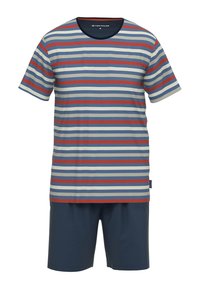Striped short sleeve t-shirt in blue, red, and cream, paired with navy shorts. Fabric appears soft with a comfortable fit.