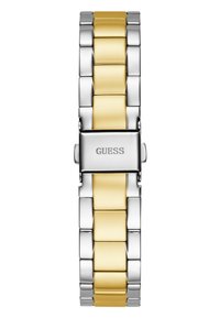 Silver and gold metal wristwatch with a linked band. Features a polished finish and logo on the clasp. Textured and smooth link patterns.