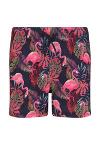 Badebukser med et livligt mønster af pink flamingoer og tropiske blade på mørkeblå baggrund, med elastisk talje og bindesnor.