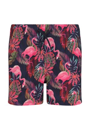 Uimashortsit, joissa on kirkkaanpinkki flamingo- ja trooppinen lehtikuvio tummansinisellä taustalla, kuminauhavyötäröllä ja nyörikiristysyksityiskohdalla.
