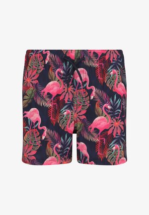 Badebukser med et livligt mønster af pink flamingoer og tropiske blade på mørkeblå baggrund, med elastisk talje og bindesnor.