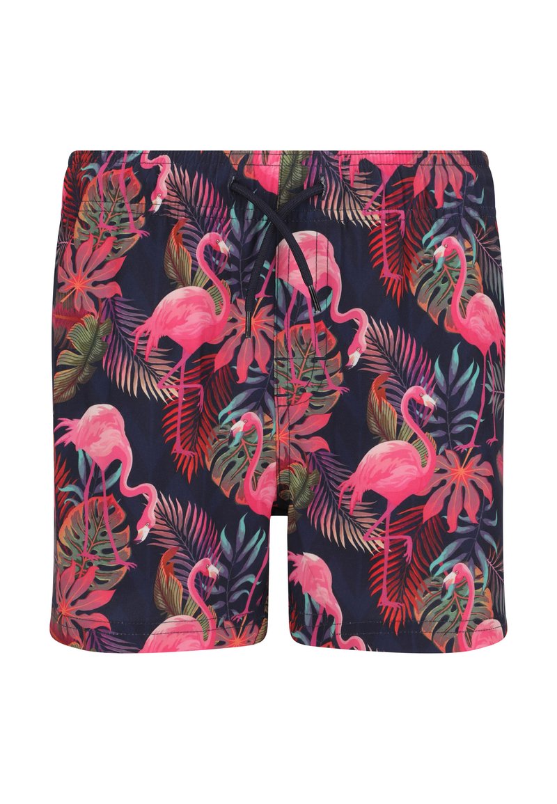Badebukser med et livligt mønster af pink flamingoer og tropiske blade på mørkeblå baggrund, med elastisk talje og bindesnor.